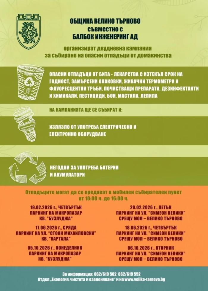 Велико Търново с нова кампания за събиране опасни отпадъци от домакинствата