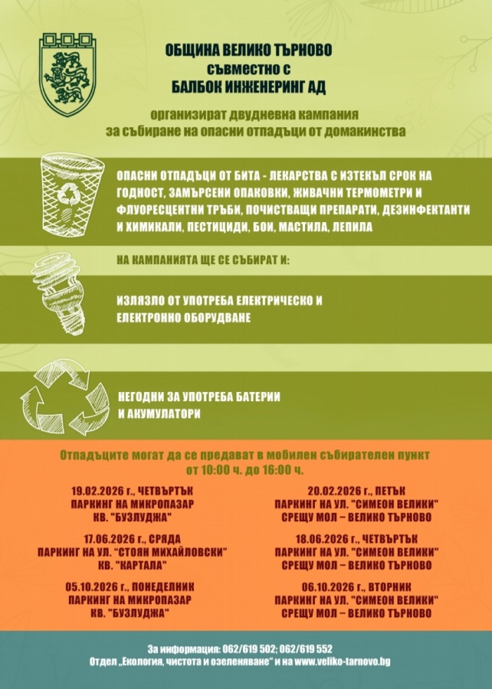 Велико Търново с нова кампания за събиране опасни отпадъци от домакинствата