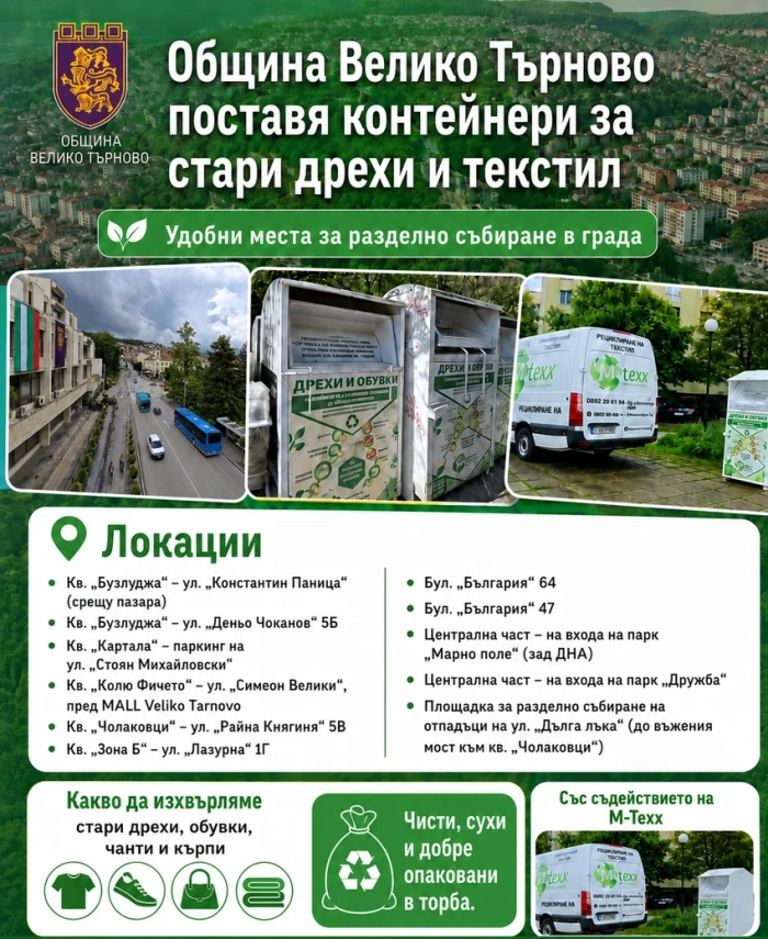Община Велико Търново поставя контейнери за дрехи на 11 места в старата столица