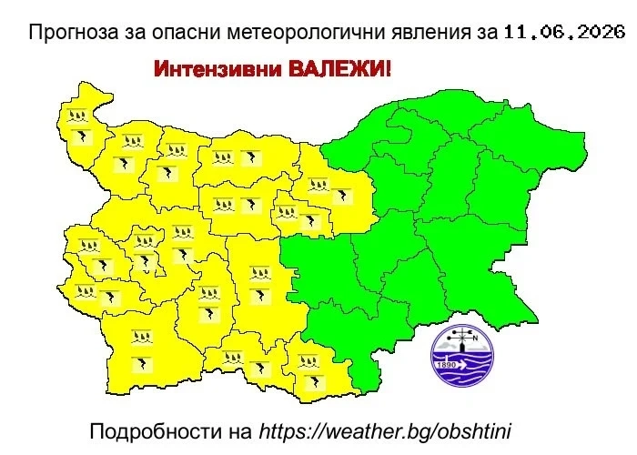 Жълт код за опасно време на 11 юни във Великотърновска област