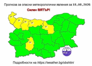 Жълт код за силен вятър е обявен за части от Великотърновска област