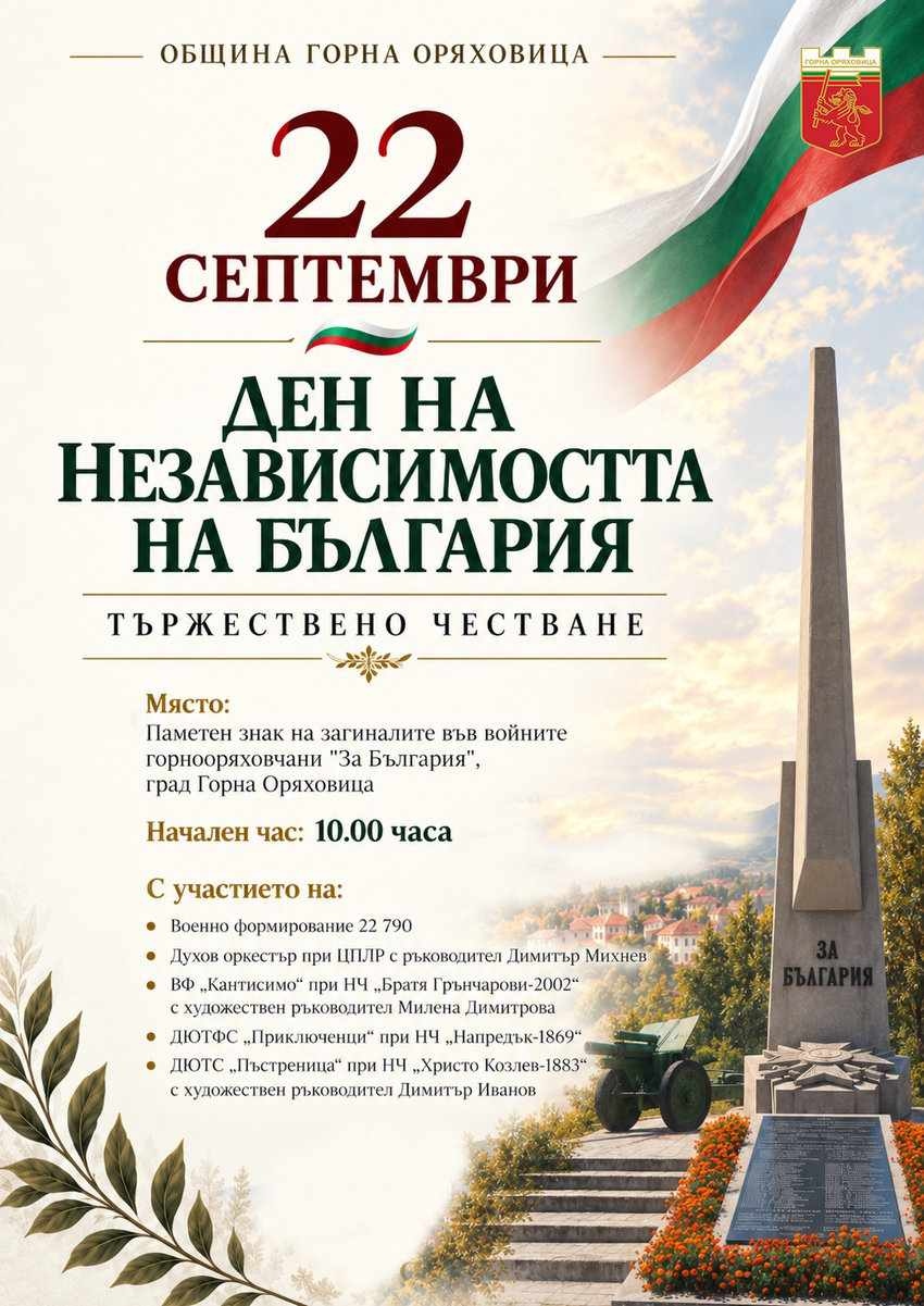 С тържествен ритуал в Горна Оряховица ще бъдат отбелязани 118 години от обявяването на Независимостта на България