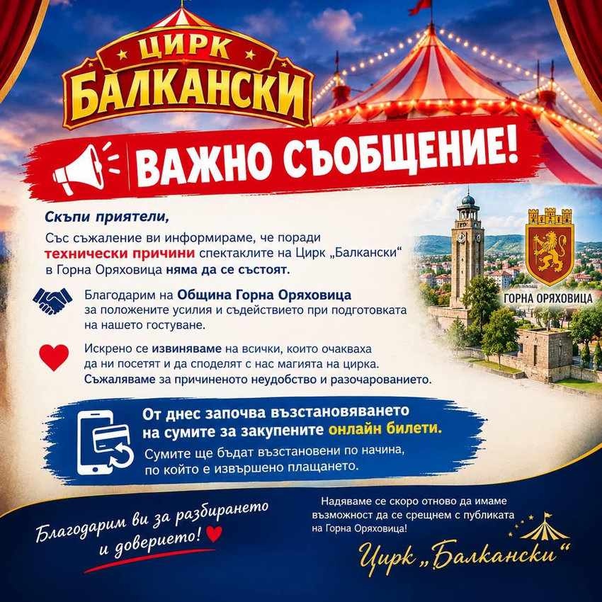 Поради технически причини спектаклите на Академичен Цирк „Балкански“ в Горна Оряховица няма да се състоят
